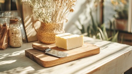 Fresh butter slices on a wooden cutting board with a butter knife, ready for spreading