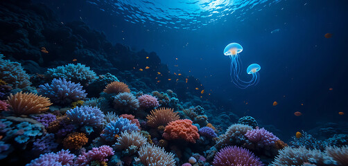 Fototapeta premium a coral reef at night, with the colorful corals glowing softly in the dark depths. Schools of fish swim gracefully through the water, and a bioluminescent jellyfish drifts by, leaving .