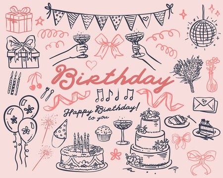 Birthday Whimsical hand drawn vector set of illustrations