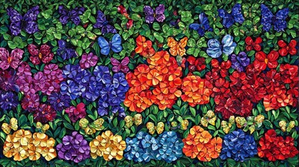 Vibrant floral display with butterflies botanical garden artwork colorful environment close-up view nature's beauty
