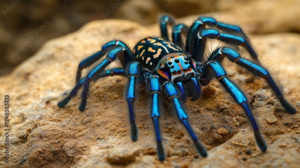 Poster a vibrant blue spider with intricate patterns on a rocky surface.