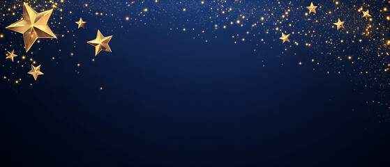 golden stars & shining gold dust over nay blue  background; copy space