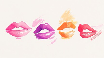 Fototapeta premium Watercolor lip prints in various shades of red, pink, and orange. Lip prints in different colors, showcasing vibrant lipstick shades on a light pink background. Element vector collection.
