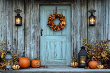 Obraz premium Rustic autumn front porch decorated with pumpkins, lanterns, colorful fall leaves, and a festive wreath on a wooden door