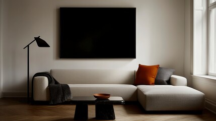 Modern minimalist living room with cozy furniture and decor