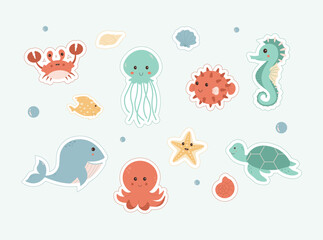 A set of cute marine animal stickers in cartoon style, featuring a whale, octopus, turtle, jellyfish, crab, and more. Perfect for kids, digital designs, and fun decorations. © Anait