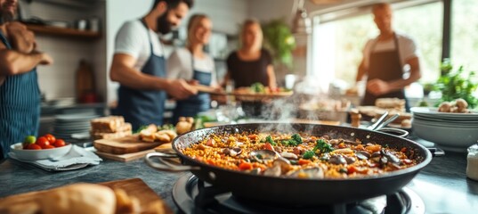 A Delicious Paella Cooking Class: Friends and Family Gather Around a Steaming Pan of Authentic Spanish Cuisine