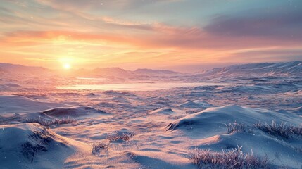 Gorgeous Winter Landscape at Sunset with Snow-Covered Terrain