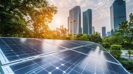 Solar Panels Reflecting Sunset with Urban Skyline in Background