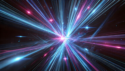 Bright rays of blue and pink light radiating from a central explosion, creating a futuristic and energetic visual effect..