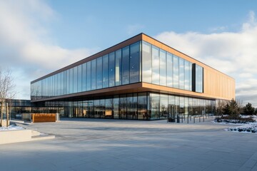 Obraz premium Modern glass building in winter landscape with clear blue sky