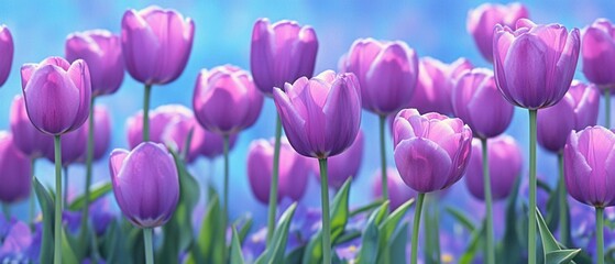Obraz premium A vibrant field showcases purple tulips amidst blue flowers under a clear blue sky, creating a stunning contrast of colors in nature.