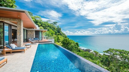 Fototapeta premium Luxury Villa with Infinity Pool Overlooking Tropical Ocean Views