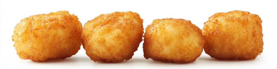 Four crispy potato balls, studio shot, white background, food menu