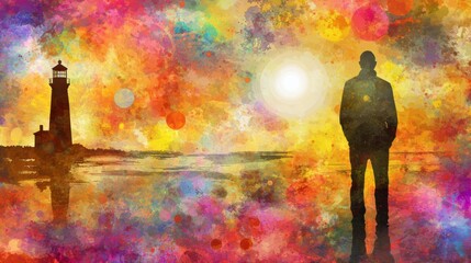 Fototapeta premium Sunset silhouette at vibrant lighthouse coastal scene digital art abstract environment serene viewpoint inspiration