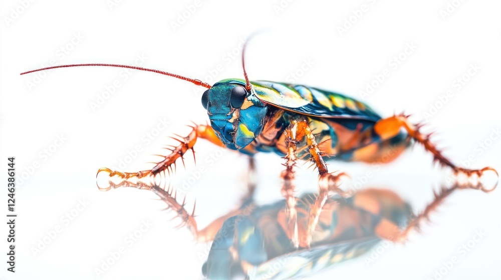 Poster a vibrant close-up of a colorful insect showcasing its intricate details and textures.