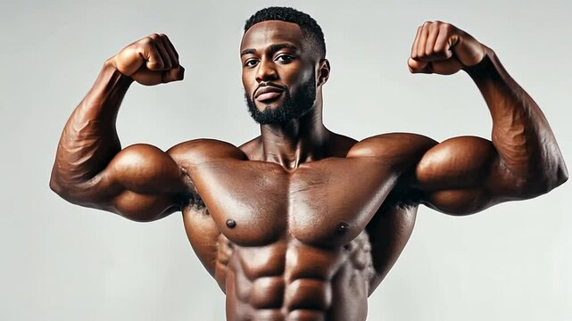 The Power of Strength: A powerful, confident African-American man showcases his impressive physique, flexing his biceps with a determined gaze.
