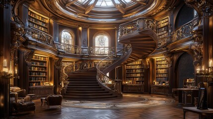 Obraz premium Luxurious Antique Library with Grand Staircase and Elegant Design