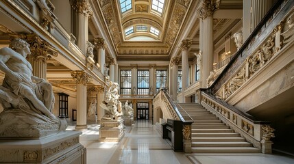 Obraz premium Grand Interior of Historic Building with Sculptures and Stairs