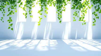 Obraz premium Lush greenery cascading from windows indoor space nature photography bright environment soft light serenity