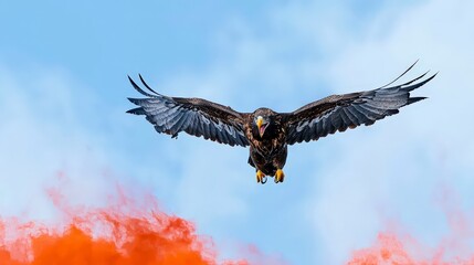 Obraz premium Majestic Eagle Gliding Against Blue Sky and Colorful Clouds