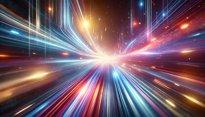 A dynamic burst of light rays in vibrant colors, symbolizing speed, energy, and futuristic technology in an abstract design.  .