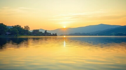 Naklejka premium Sunset reflection over serene lake mountain landscape nature photography tranquil environment scenic view peaceful concept