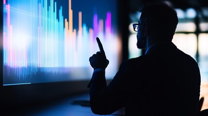 Business professional analyzing data trends on a large screen in a modern office environment