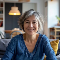 Fototapeta premium Smiling middle-aged woman in living room, natural light, cosy setting, great for articles about interior design and family values.