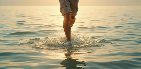 person wading in shallow sunlit water at sunset