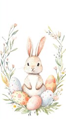 Minimalist Easter Design with Cute Bunny Surrounded by Colorful Eggs in Watercolor Style