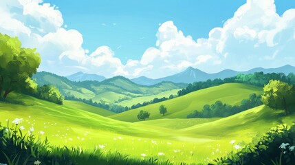 Naklejka premium A vibrant landscape featuring rolling hills, green fields, and a bright blue sky with clouds.
