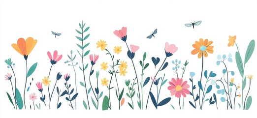 Colorful Wildflower Meadow Border; Insects, White Background