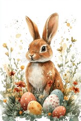 Minimalist Watercolor Dragon and Easter Bunny Among Flowers and Decorative Eggs