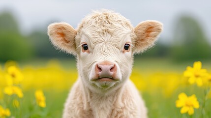 Obraz premium Calf in yellow flowers, spring pasture
