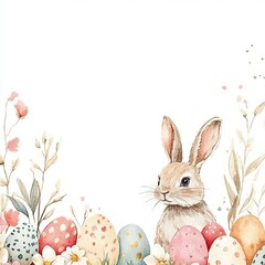 Minimalist Watercolor Illustration of Bunny Surrounded by Easter Eggs and Floral Borders