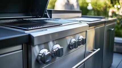 Modern Stainless Steel Outdoor Grill with Open Hood and Grill Grates