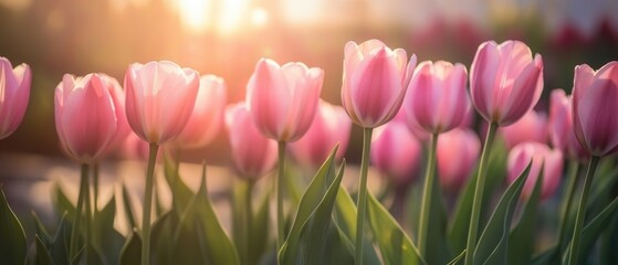 Obraz premium A vibrant field filled with blooming pink tulips under a warm sunset, creating a picturesque and serene atmosphere.