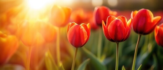 Fototapeta premium A vibrant field of red tulips blooms under the bright sun, showcasing nature's beauty and the joy of springtime.