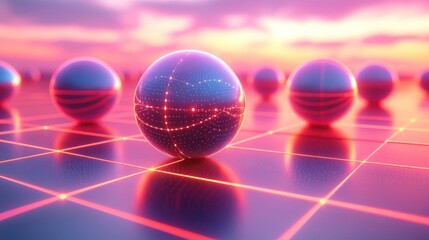 Glowing spheres on grid, sunset backdrop.