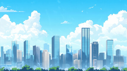 Obraz premium 青空と近代的な都市風景イラスト