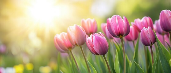 Obraz premium A vibrant field showcases numerous pink tulips blooming amidst lush green grass, creating a stunning visual contrast in nature's beauty.