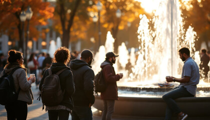 Autumn Gathering: Friends Enjoying Coffee by a Fountain