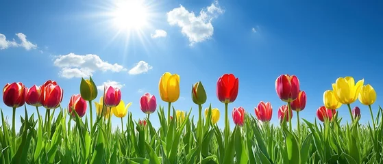 Fotobehang A vibrant field of tulips blooms under a radiant sun, showcasing a stunning display of colors in nature's beauty. © Innavector