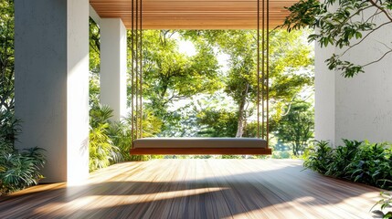 Fototapeta premium Peaceful outdoor swing in serene modern garden setting with greenery