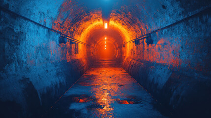 Fototapeta premium Unique Underground Tunnel Illuminated by Orange and Blue Lights in an Abandoned Location