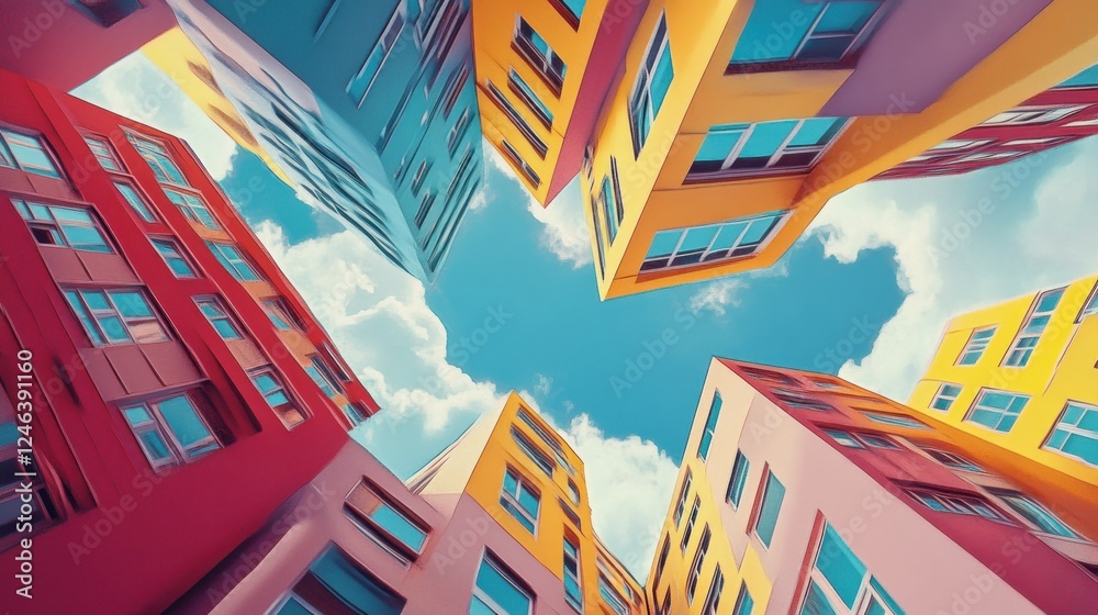 Poster A vibrant view of colorful buildings converging towards a bright sky.
