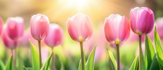 Fototapeta premium A vibrant field filled with numerous pink tulips surrounded by lush green grass, creating a picturesque spring scene.