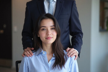 woman seated man standing behind hand on shoulder office setting