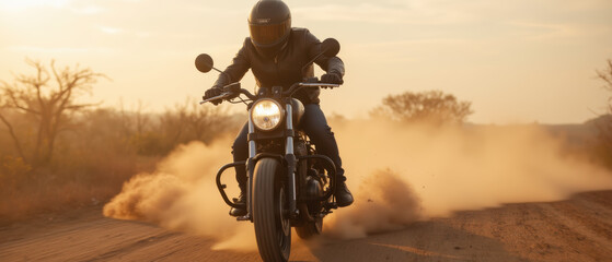 motorcyclist rides on dirt road, kicking up dust during sunset